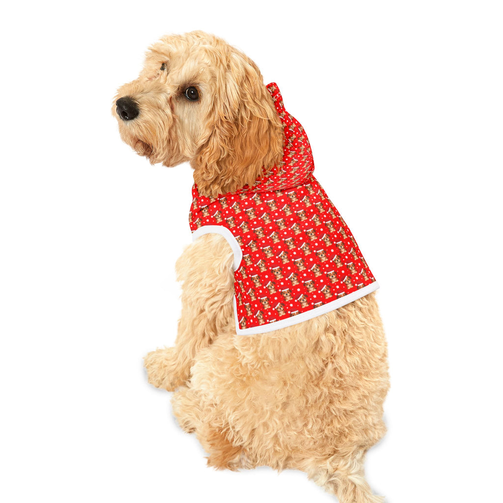 Holiday Puppy with Santa Hats Print Pet Hoodie - Red Christmas Dog & Cat Sweater