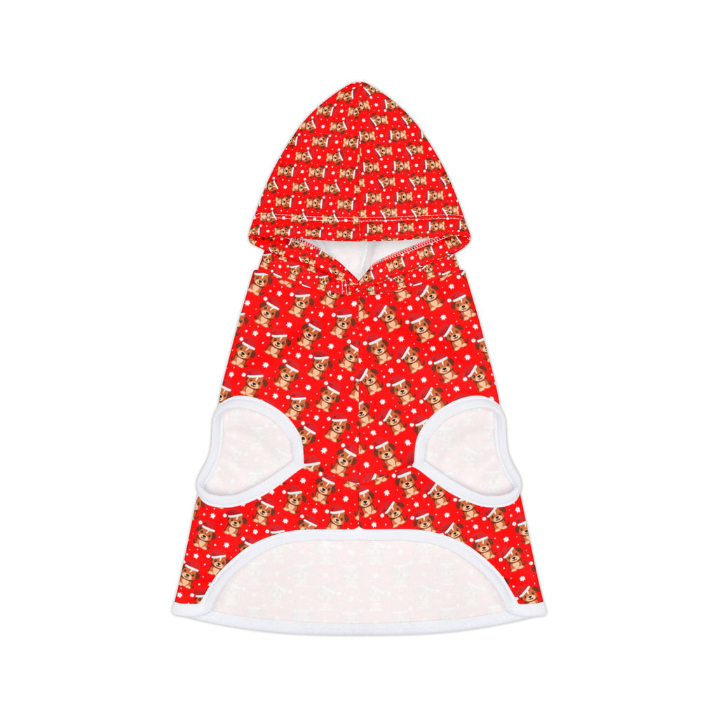 Holiday Puppy with Santa Hats Print Pet Hoodie - Red Christmas Dog & Cat Sweater